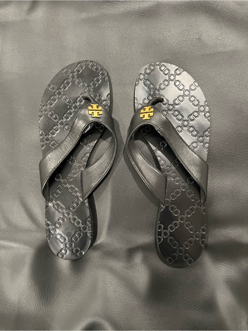 Tory Burch Black Leather Logo Thong Sandals with Gold Emblem